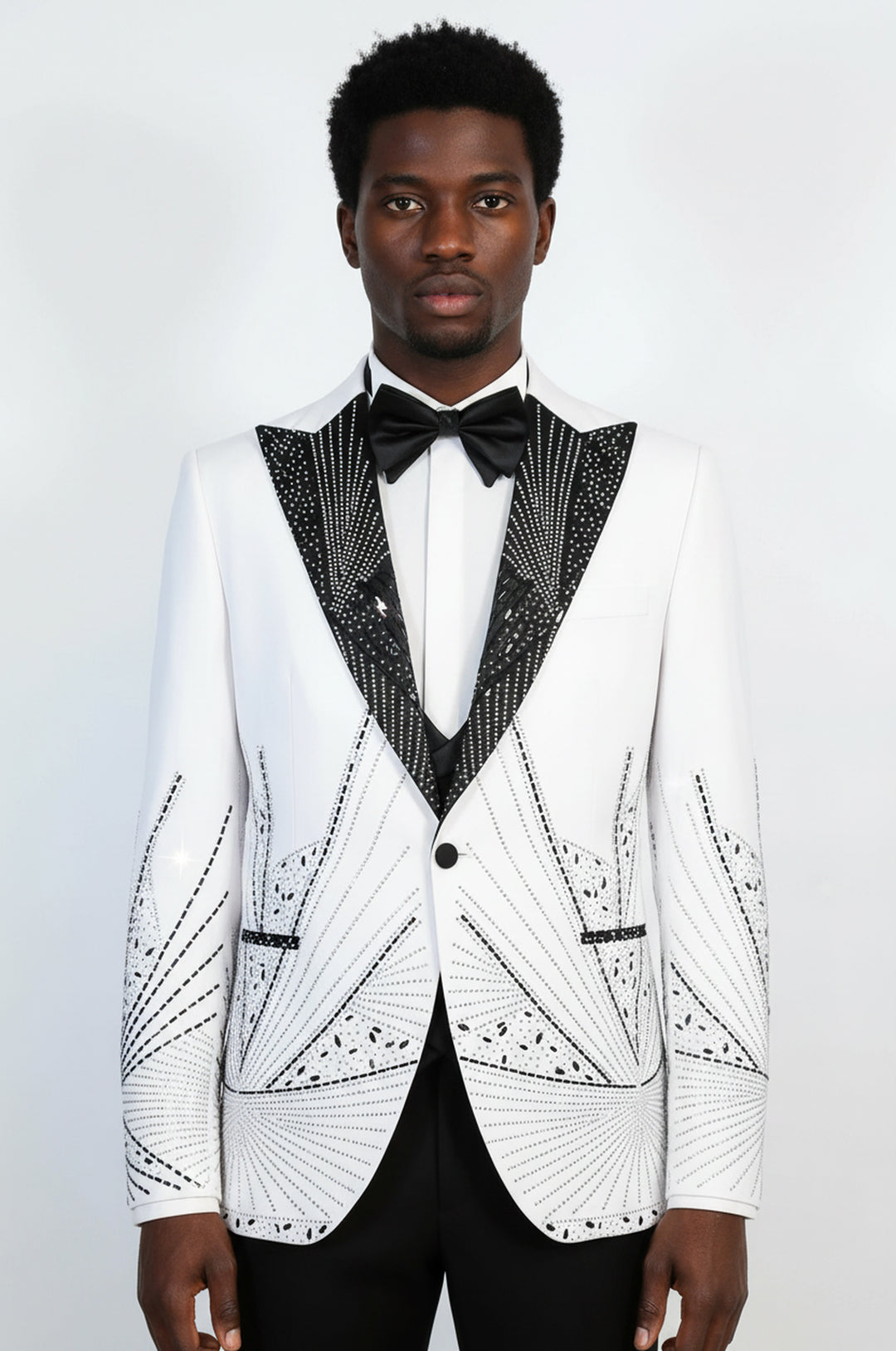 White Black Sunburst Rhinestone Peak Lapel Tuxedo Suit – Wessi