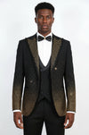 Black 3-Piece Suit with Gold Geometric Patterned Peak Lapel - Wessi