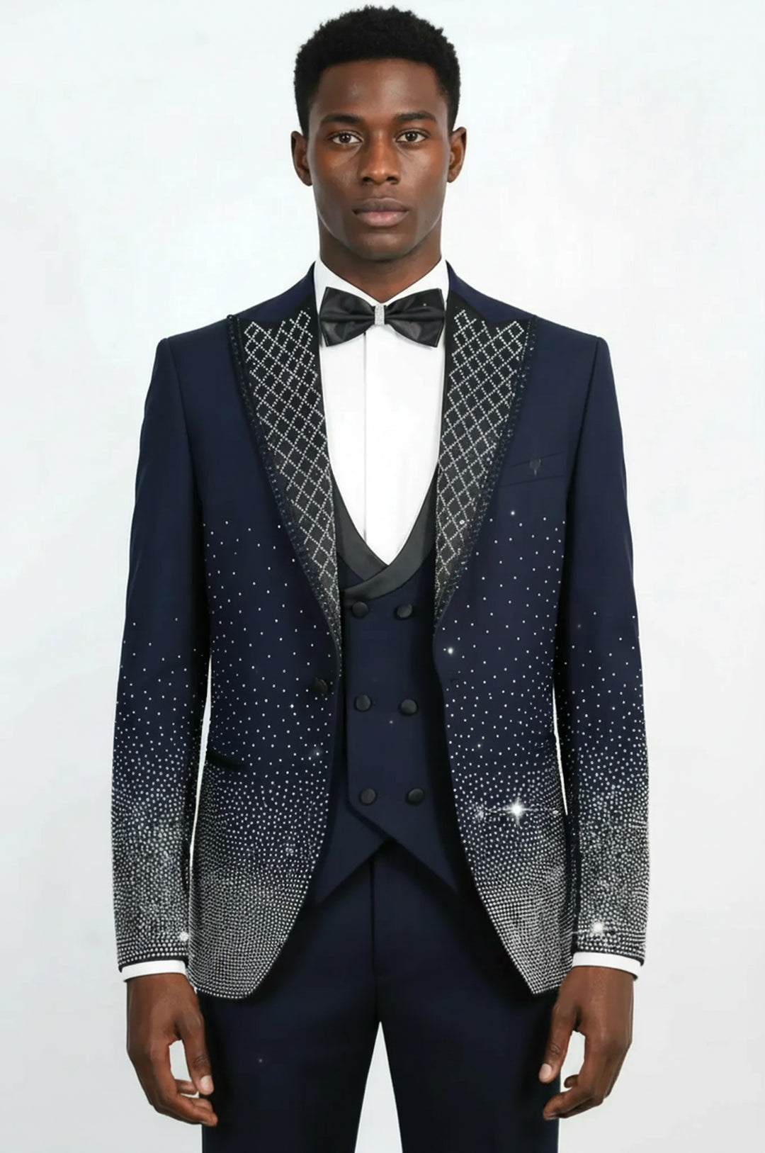 Navy Blue 3-Piece Suit with Silver Geometric Patterned Peak Lapel - Wessi