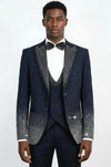 Navy Blue 3-Piece Suit with Silver Geometric Patterned Peak Lapel - Wessi