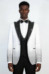 White 3-Piece Suit with Black Geometric Patterned Peak Lapel - Wessi
