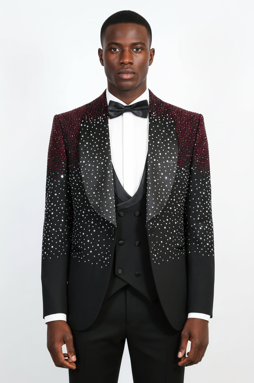 Men's Black Burgundy Ombre Rhinestone Shawl Lapel 3-Piece Tuxedo Suit - Wessi