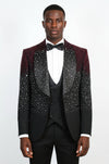 Men's Black Burgundy Ombre Rhinestone Shawl Lapel 3-Piece Tuxedo Suit - Wessi