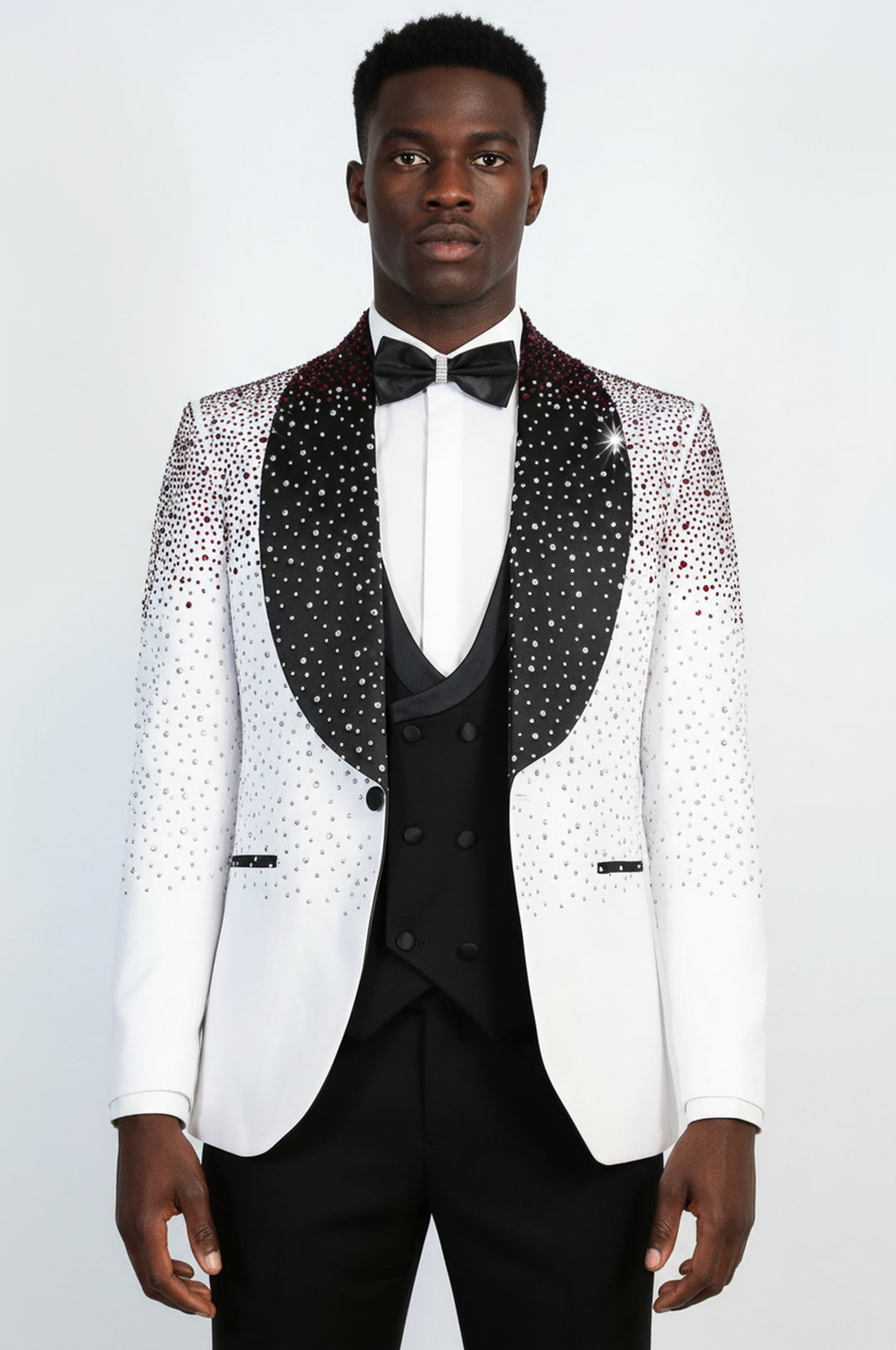 Men's White Burgundy Ombre Rhinestone Shawl Lapel 3-Piece Tuxedo Suit - Wessi
