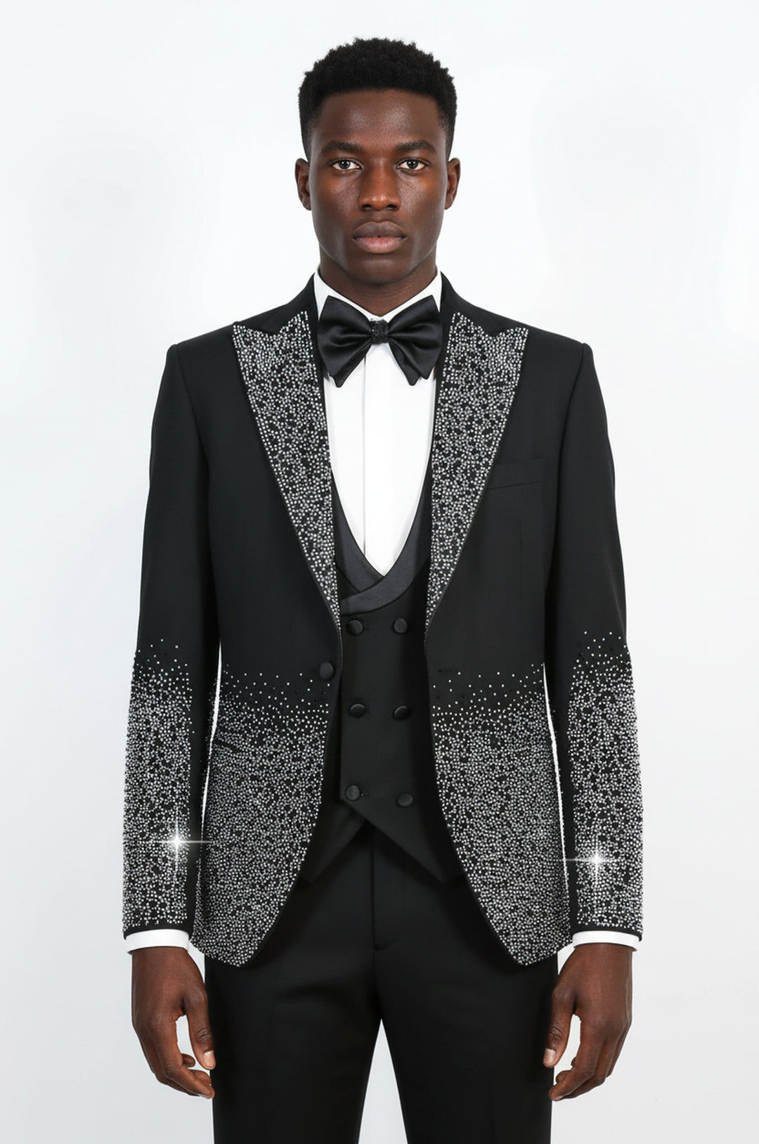Men's Black Peak Lapel Tuxedo with Silver Hem-Embellished Rhinestones 3-Piece - Wessi