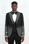 Men's Black Peak Lapel Tuxedo with Silver Hem-Embellished Rhinestones 3-Piece - Wessi