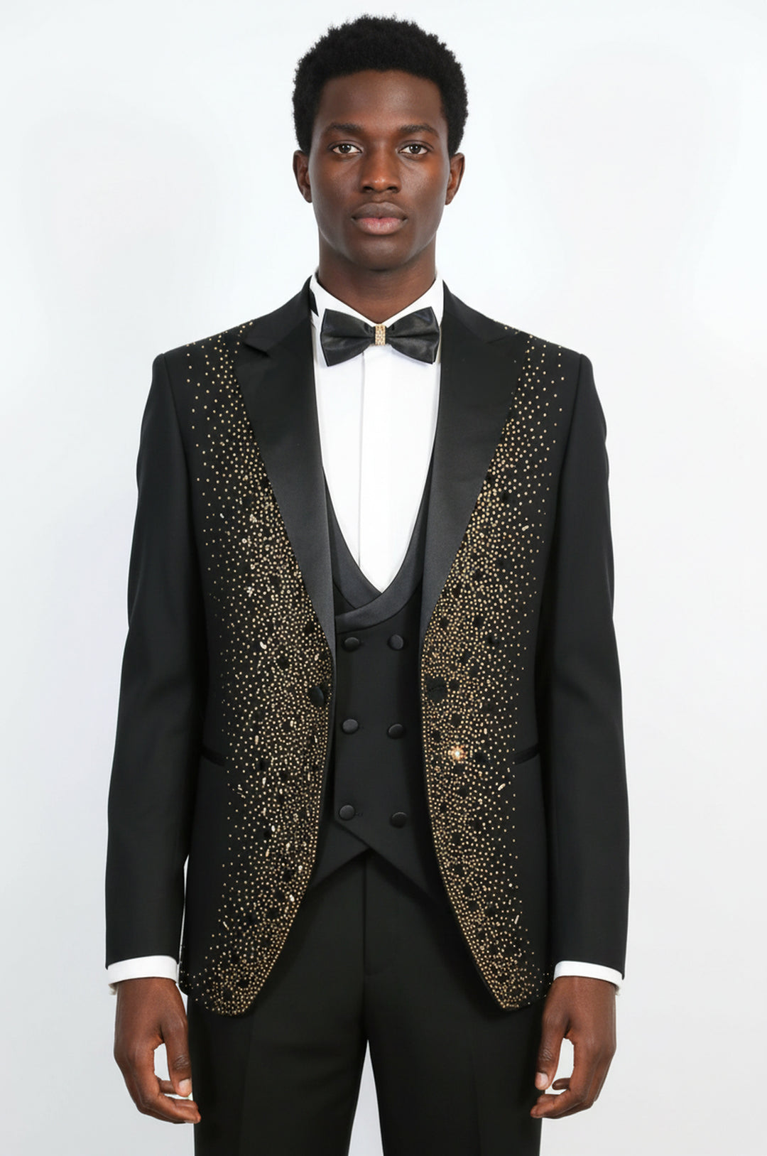 Men's Black Peak Lapel 3-Piece Tuxedo Suit with Gold Rhinestone Trim - Wessi