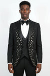Men's Black Peak Lapel 3-Piece Tuxedo Suit with Silver Square Crystal Trim - Wessi