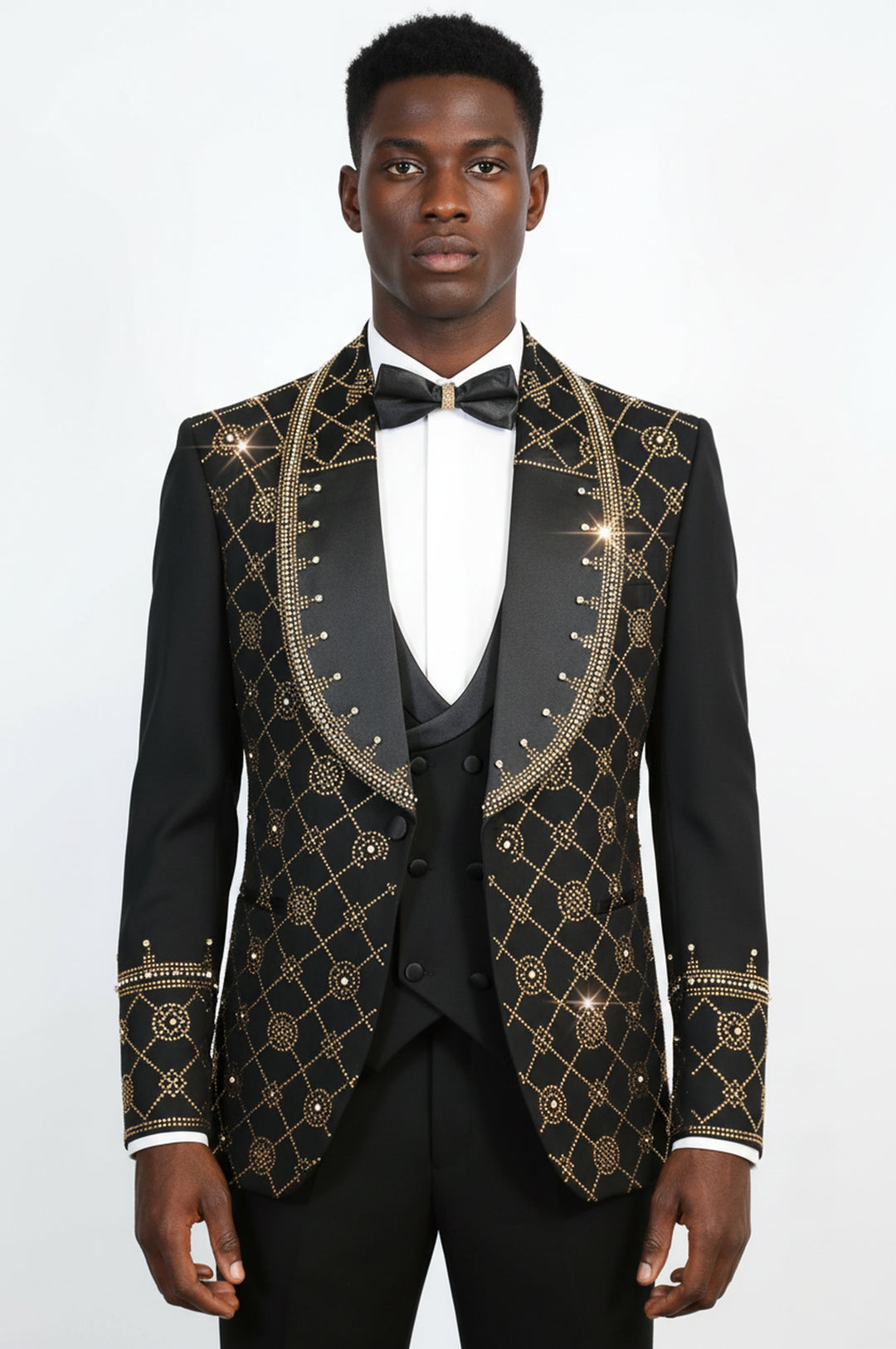 Men's Black Shawl Lapel 3-Piece Tuxedo Suit with Gold Geometric Rhinestone Pattern - Wessi