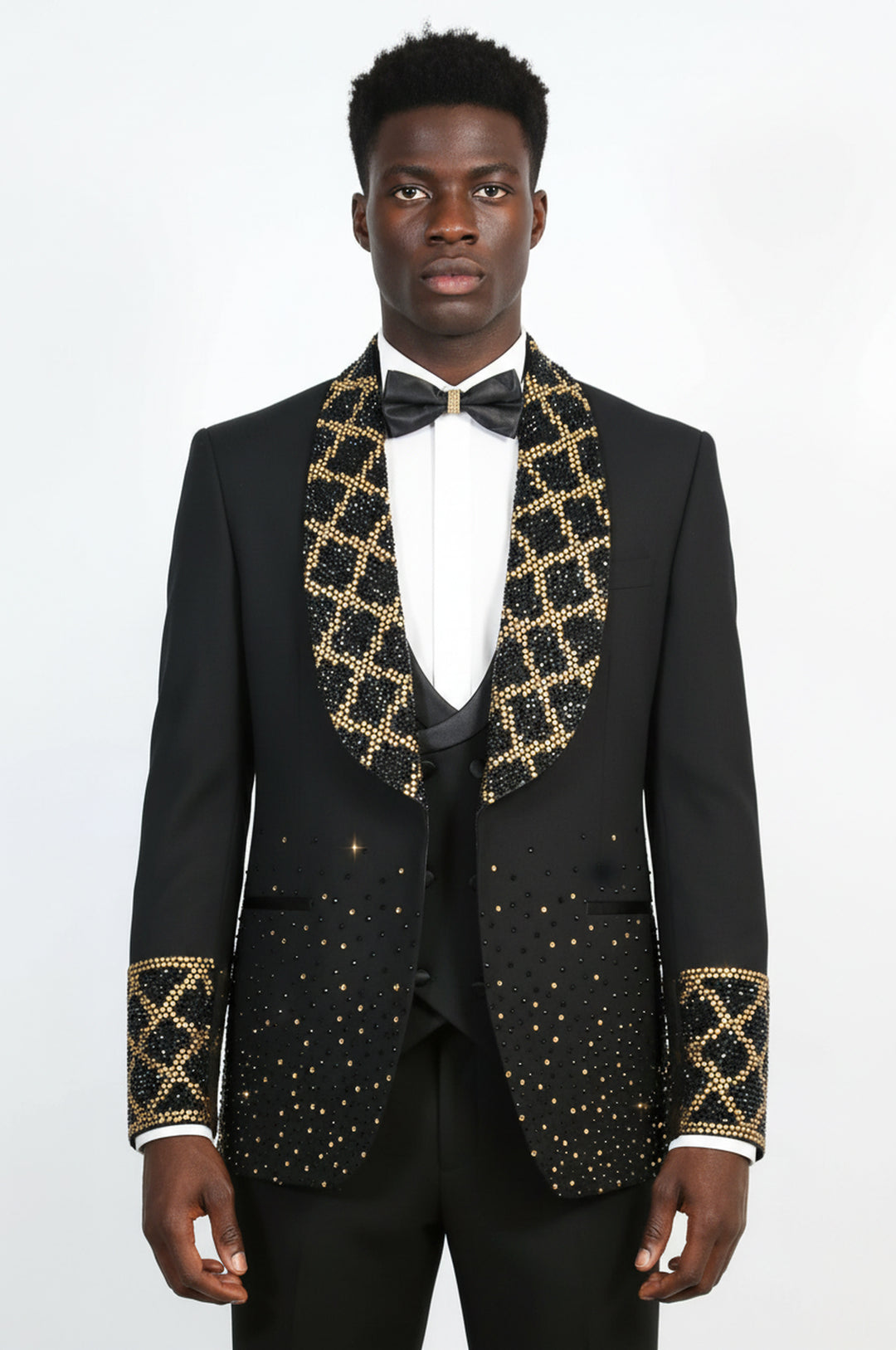 Men's Black Shawl Lapel 3-Piece Tuxedo Suit with Gold Honeycomb Rhinestone Pattern - Wessi