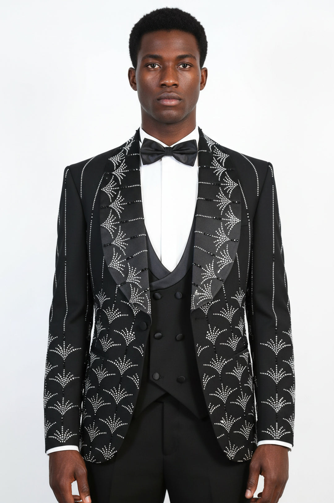 Men's Black Shawl Lapel 3-Piece Tuxedo Suit with Silver Sunburst Rhinestone Pattern - Wessi