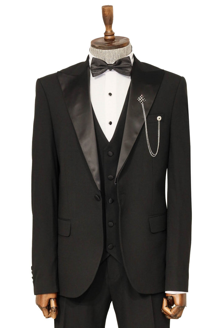 Three Piece Slim Fit Single Button Black Men Suit