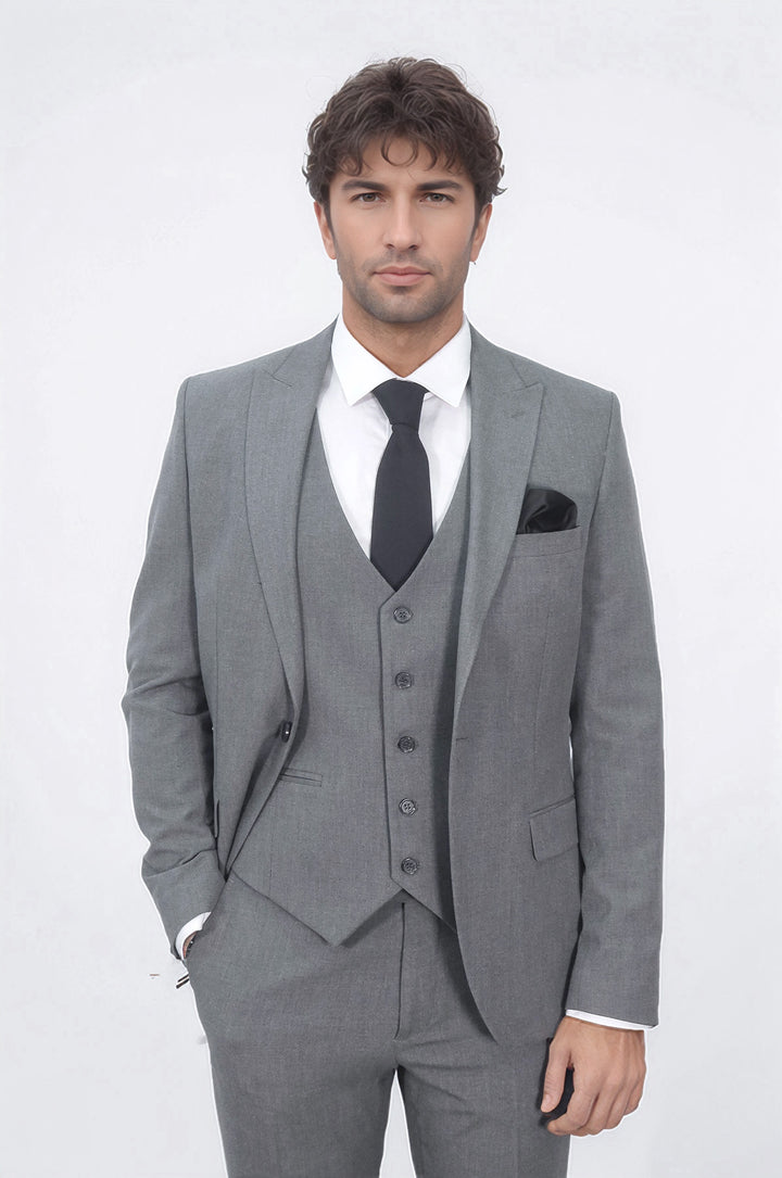 Three Piece Slim Fit Single Button Grey Men Suit