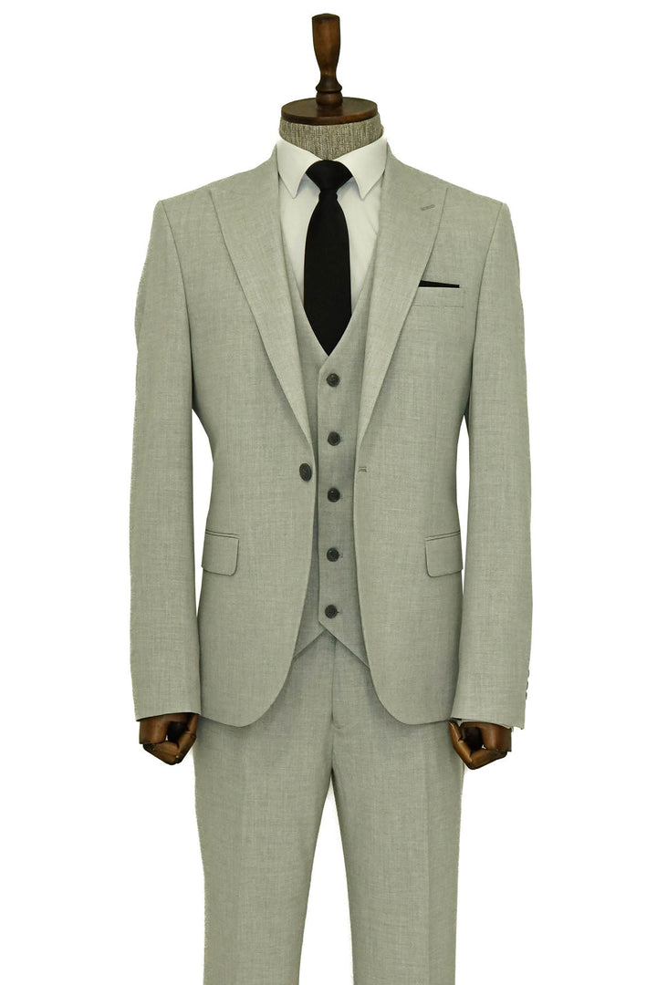 Three Piece Slim Fit Single Button Grey Men Suit