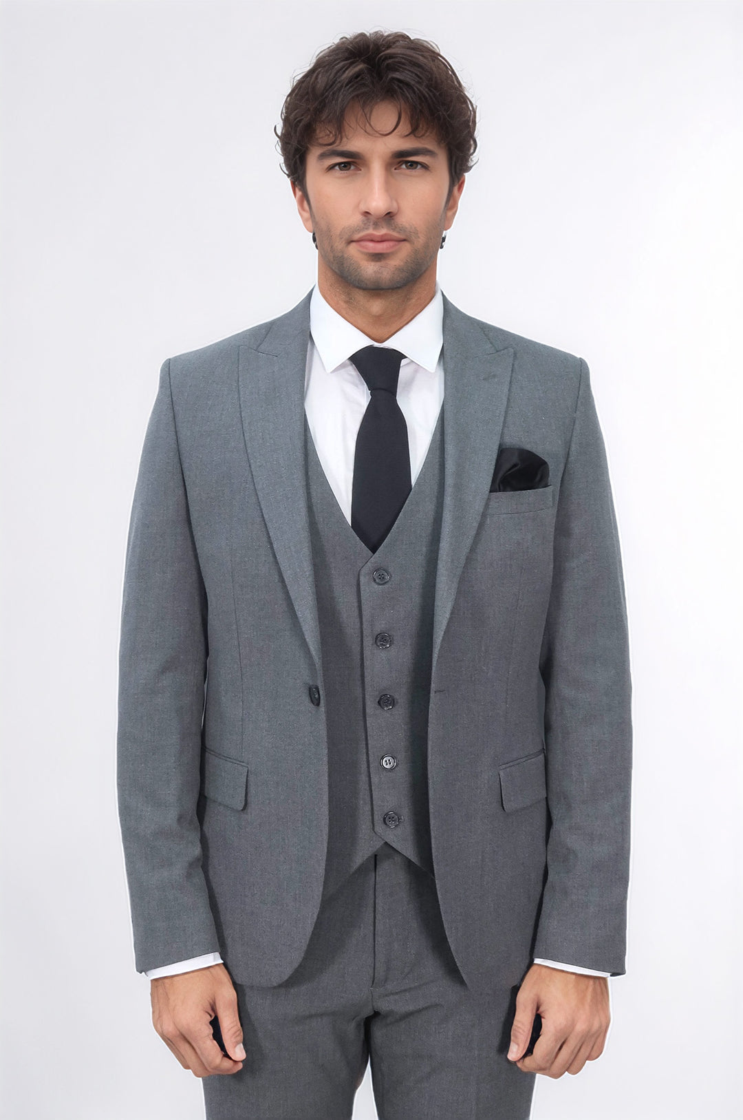 Three Piece Slim Fit Single Button Grey Men Suit