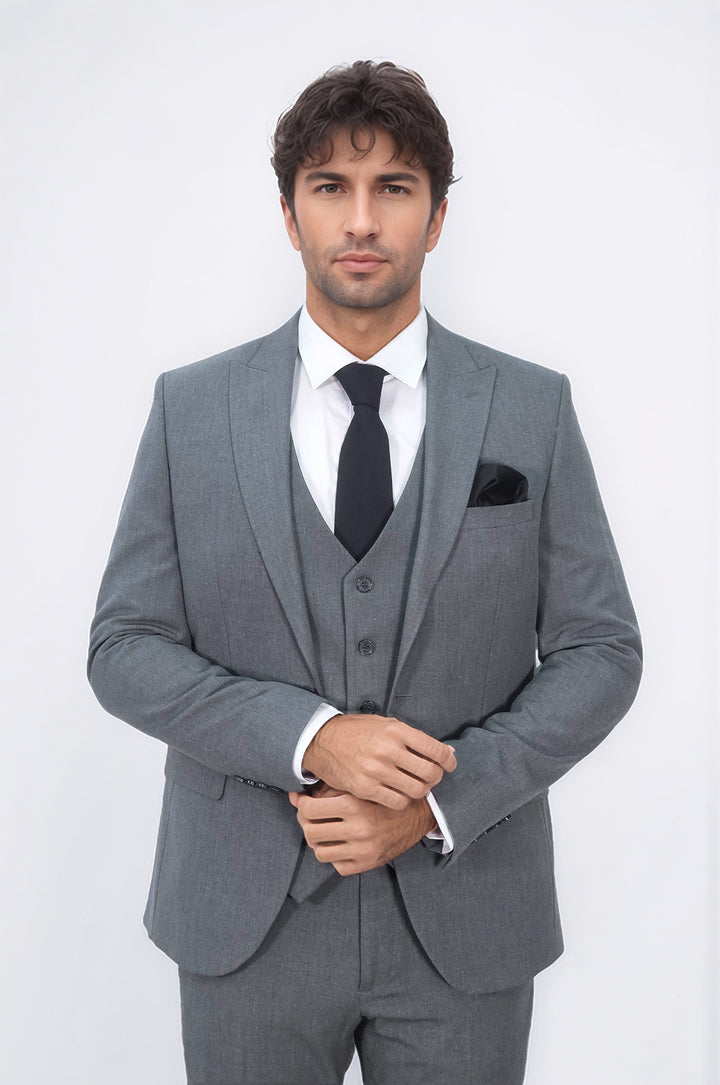 Three Piece Slim Fit Single Button Grey Men Suit