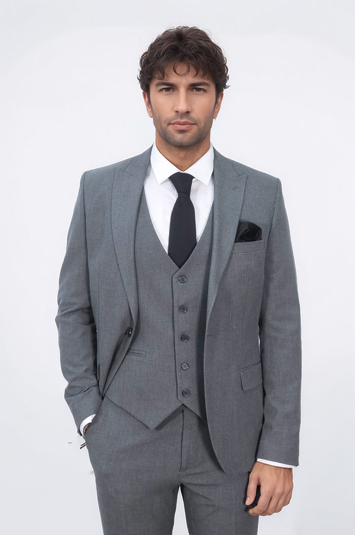 Three Piece Slim Fit Single Button Grey Men Suit