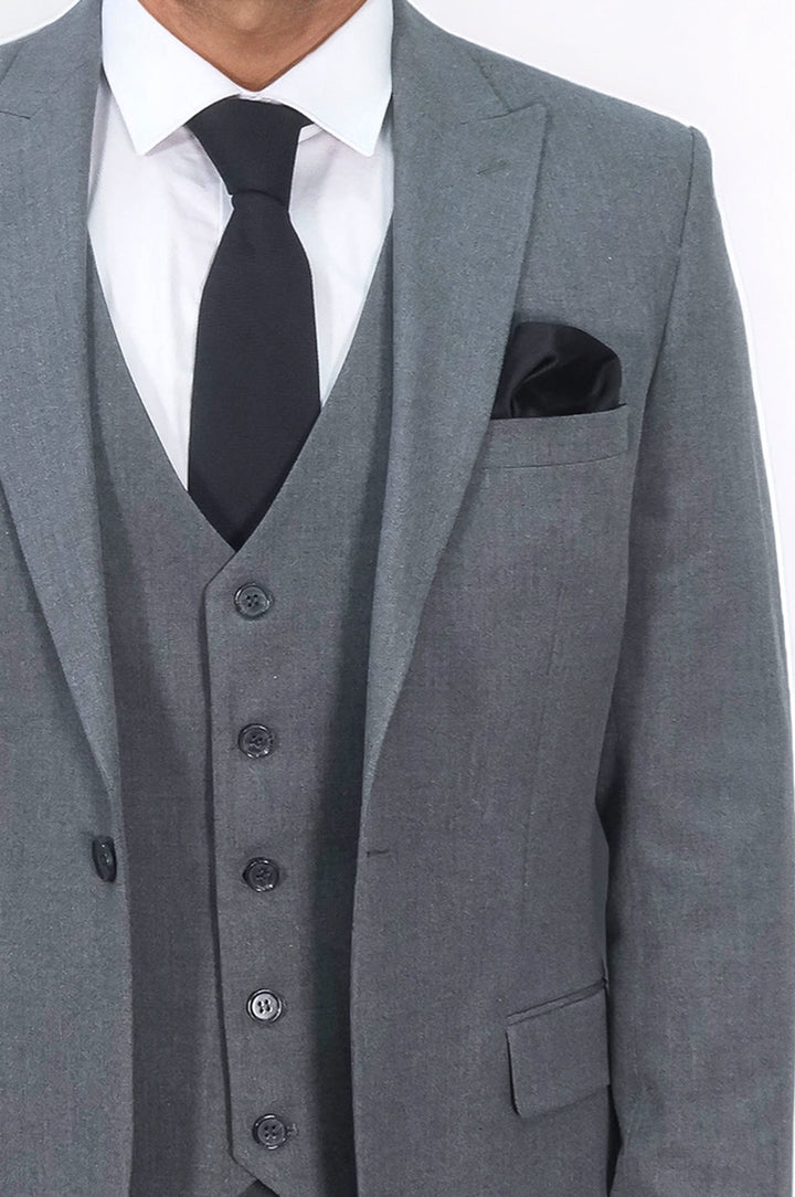 Three Piece Slim Fit Single Button Grey Men Suit