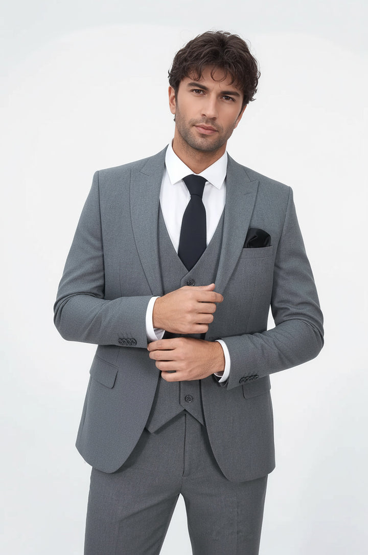 Three Piece Slim Fit Single Button Grey Men Suit