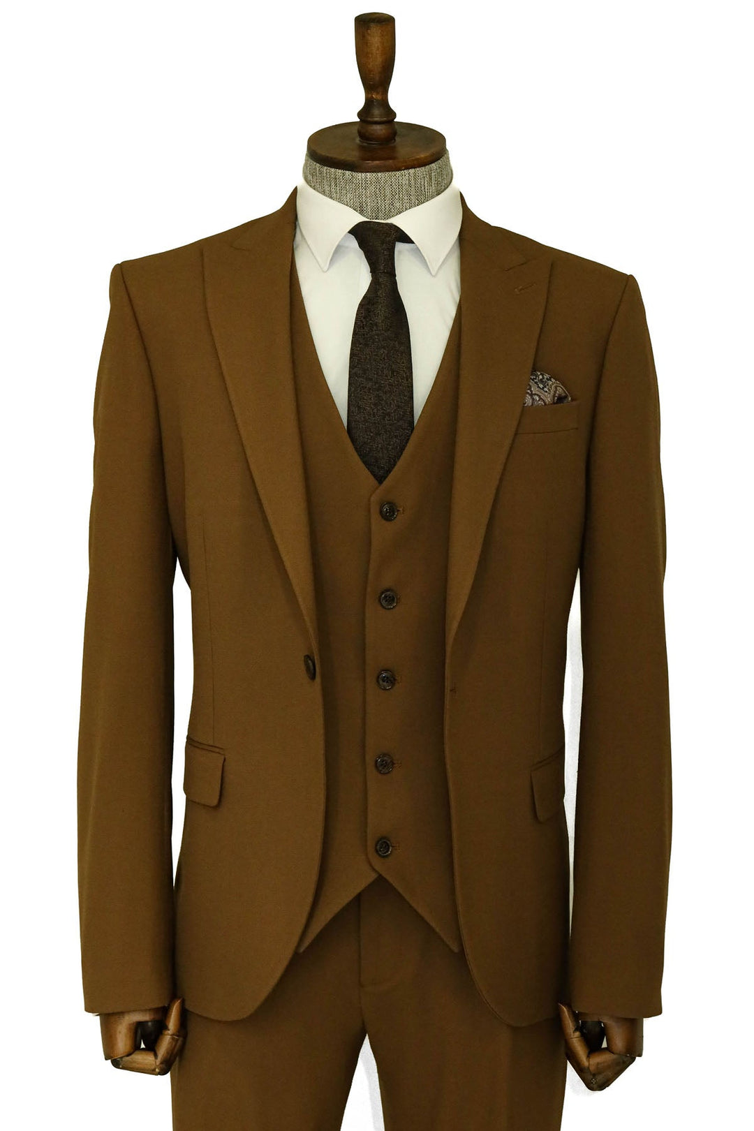 Three Piece Slim Fit Single Button Tan Men Suit