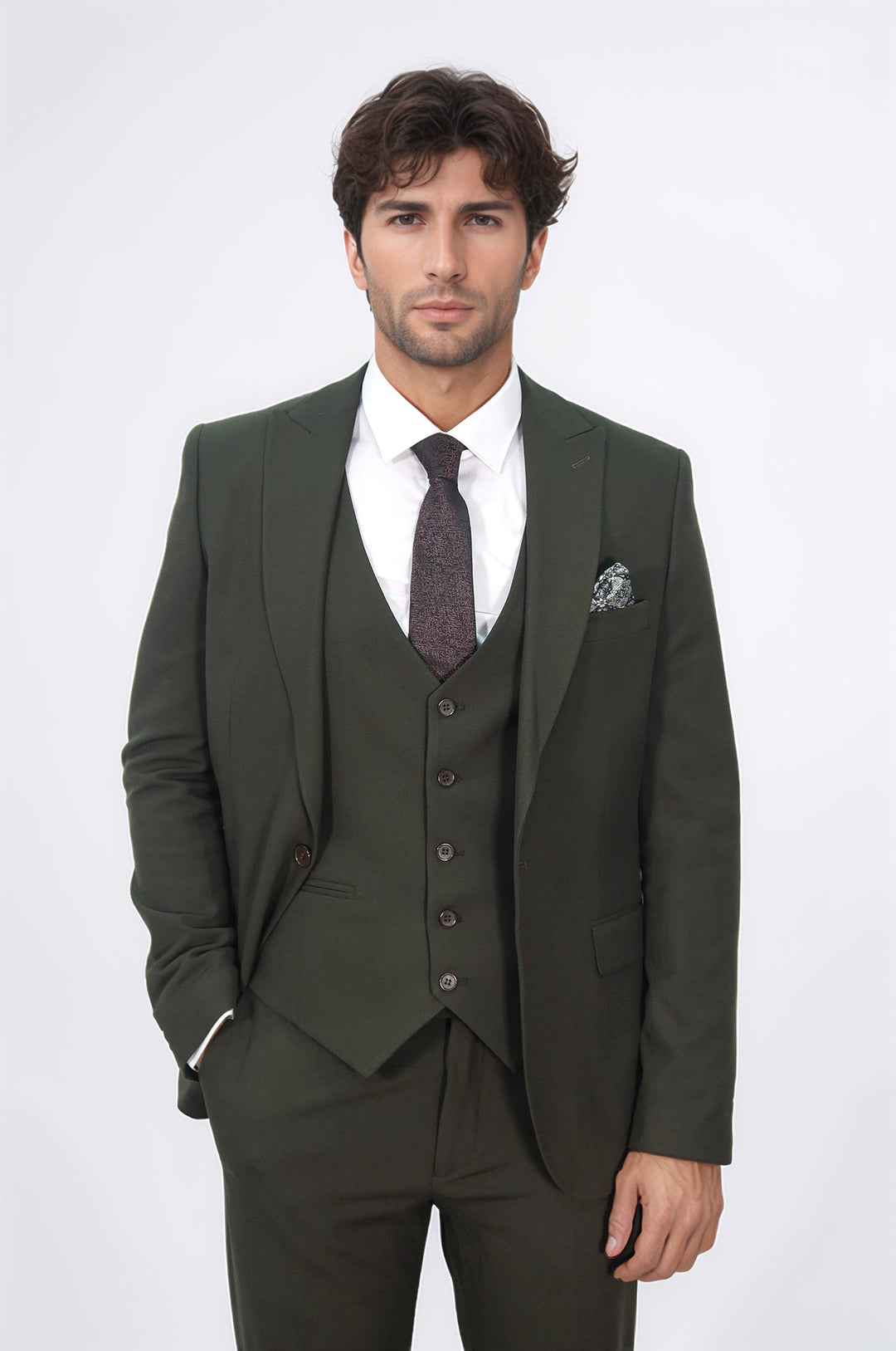 Three Piece Slim Fit Single Button Green Men Suit