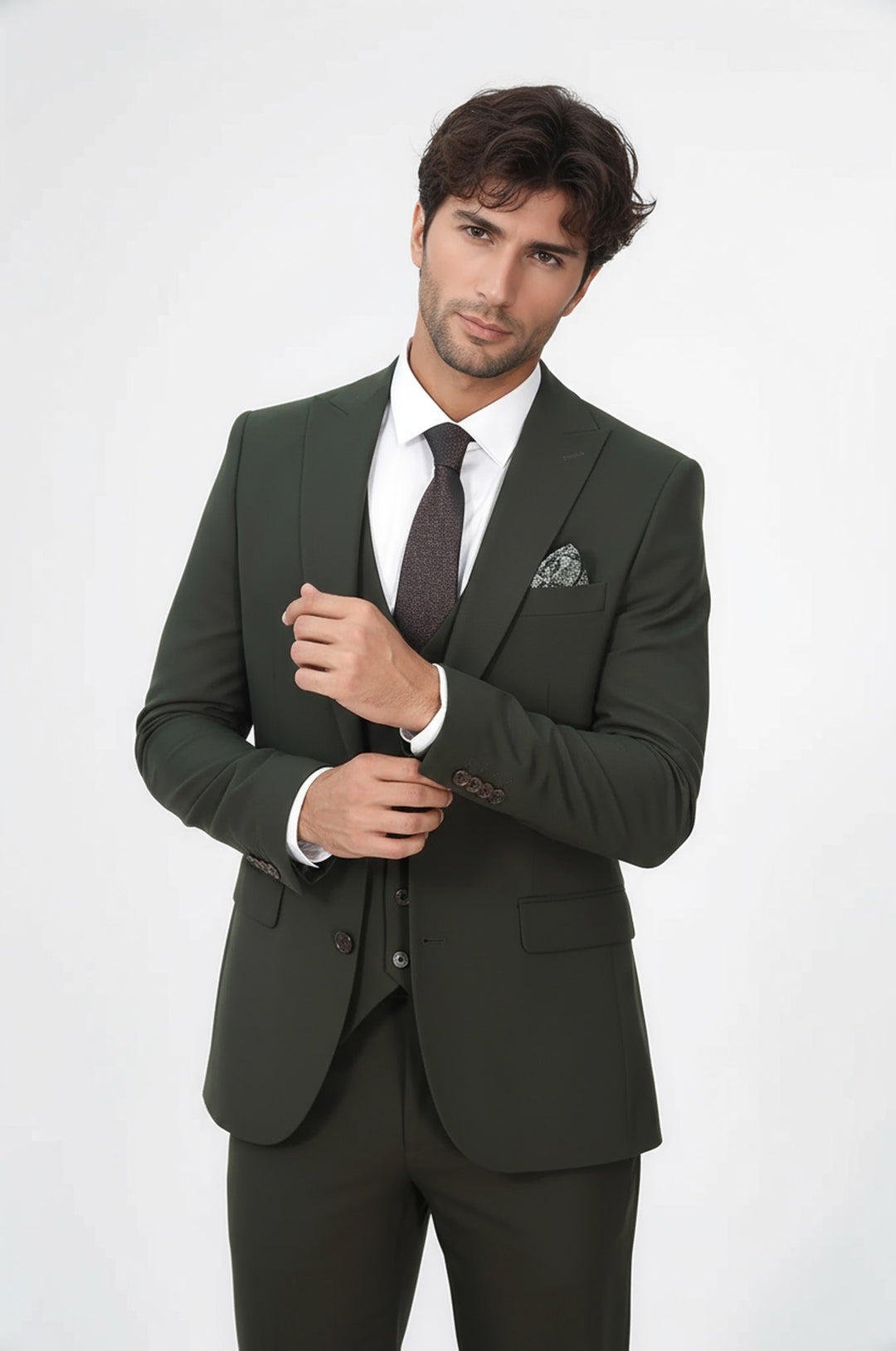 Three Piece Slim Fit Single Button Green Men Suit