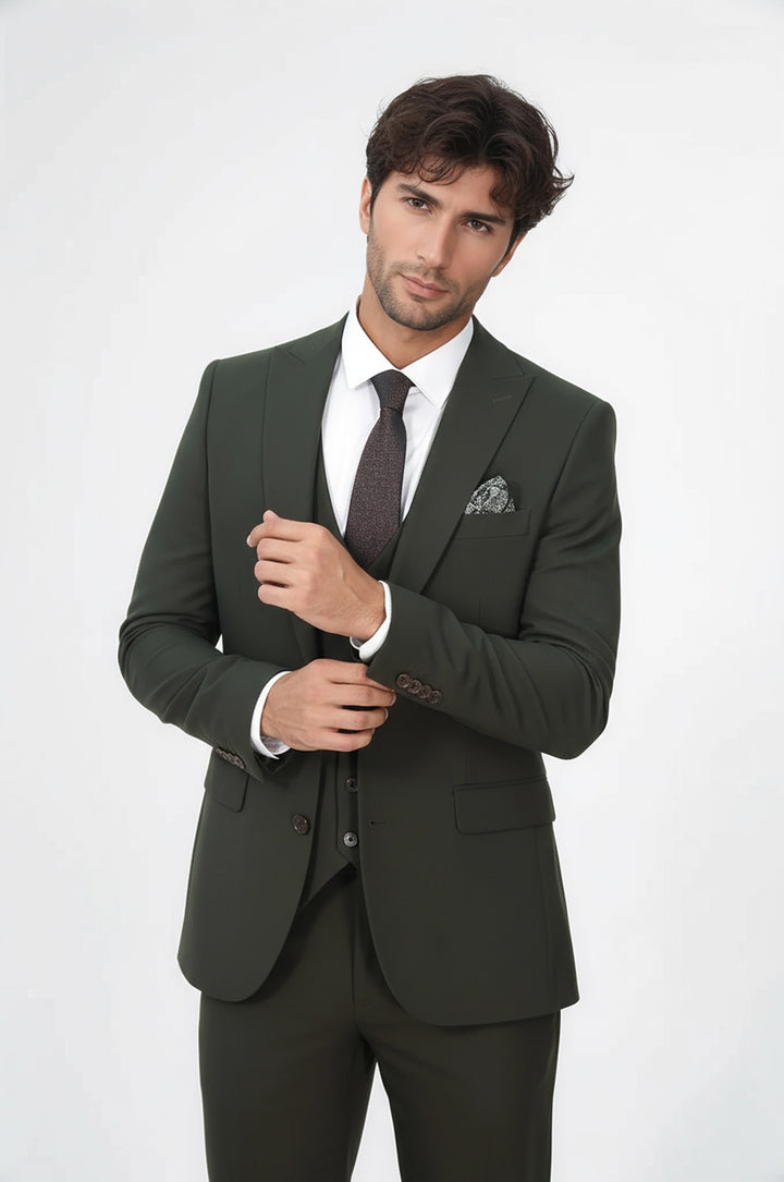 Three Piece Slim Fit Single Button Green Men Suit