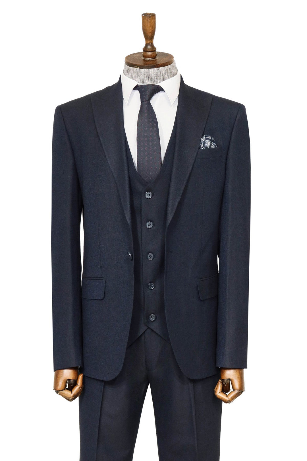 3 -Piece Single Button Peak Lapel Navy Blue Men Suit - Wessi