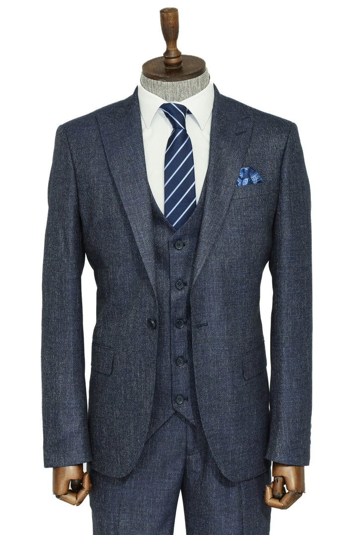 3 -Piece Single Button Peak Lapel Grey Blue Men Suit - Wessi