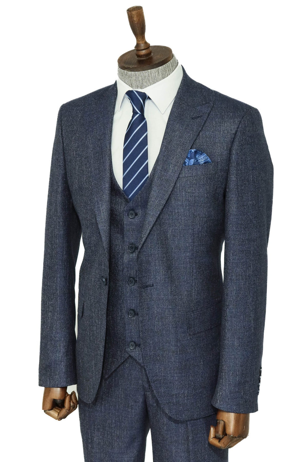 3 -Piece Single Button Peak Lapel Grey Blue Men Suit - Wessi