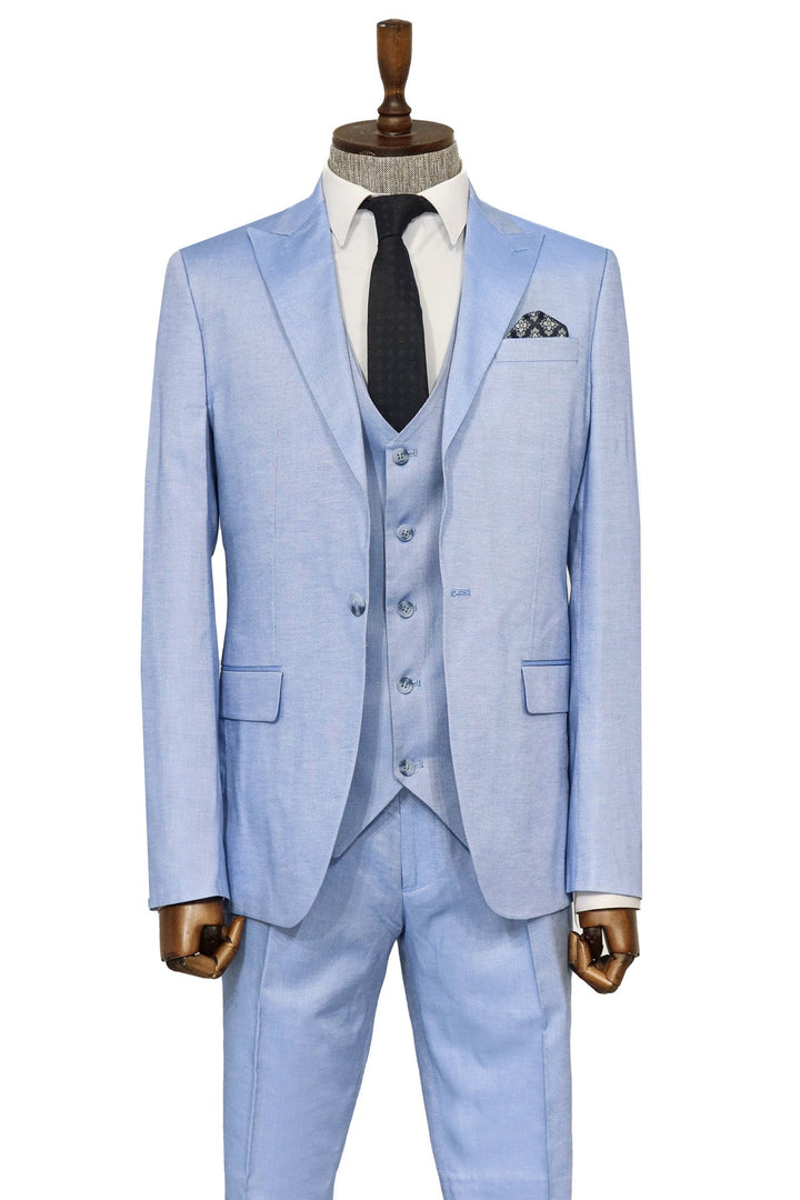 3 -Piece Single Button Peak Lapel Ice Blue Men Suit - Wessi