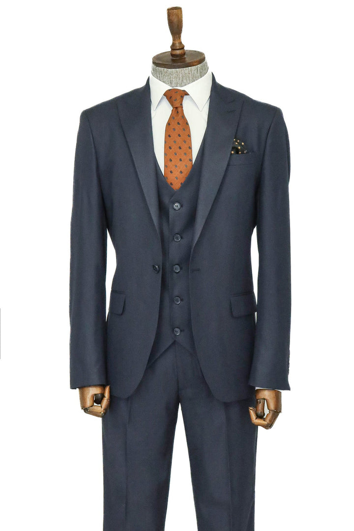 3 -Piece Single Button Peak Lapel Dark Blue Men Suit - Wessi