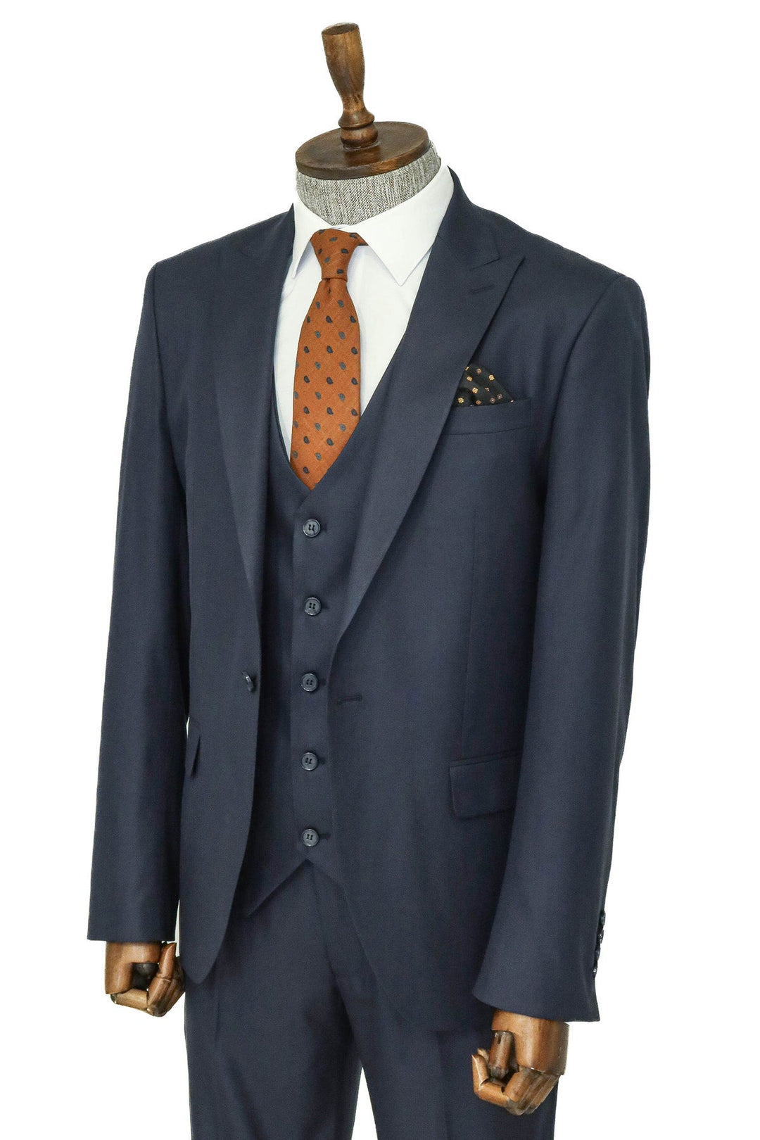 3 -Piece Single Button Peak Lapel Dark Blue Men Suit - Wessi