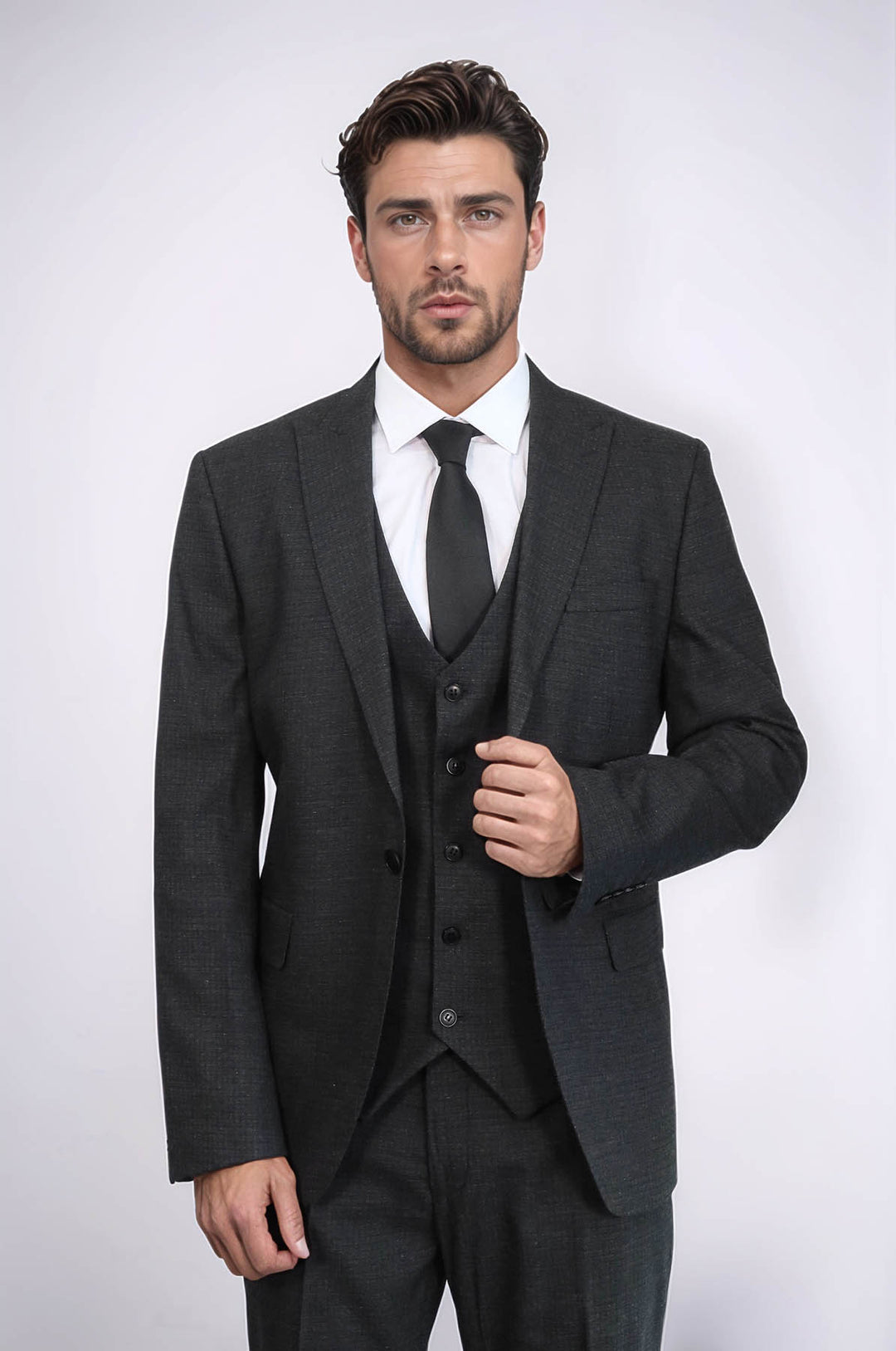 3 -Piece Single Button Peak Lapel Dark Grey Men Suit - Wessi