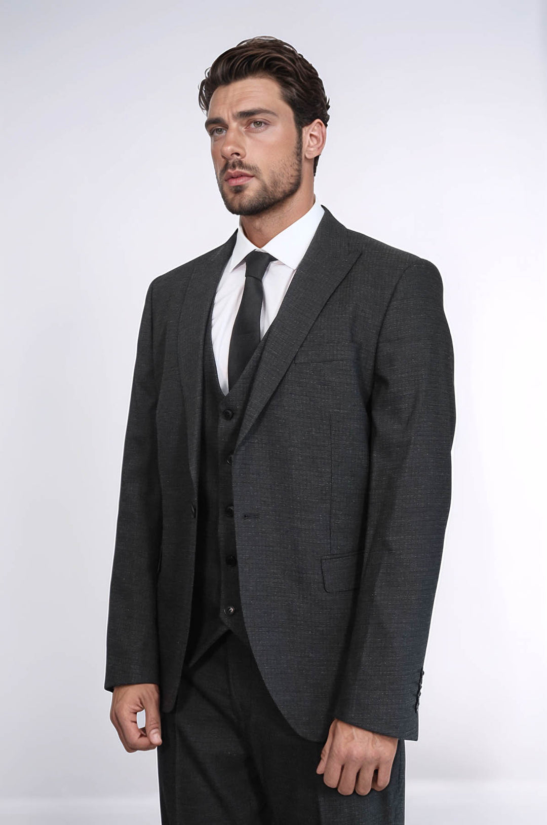 3 -Piece Single Button Peak Lapel Dark Grey Men Suit - Wessi