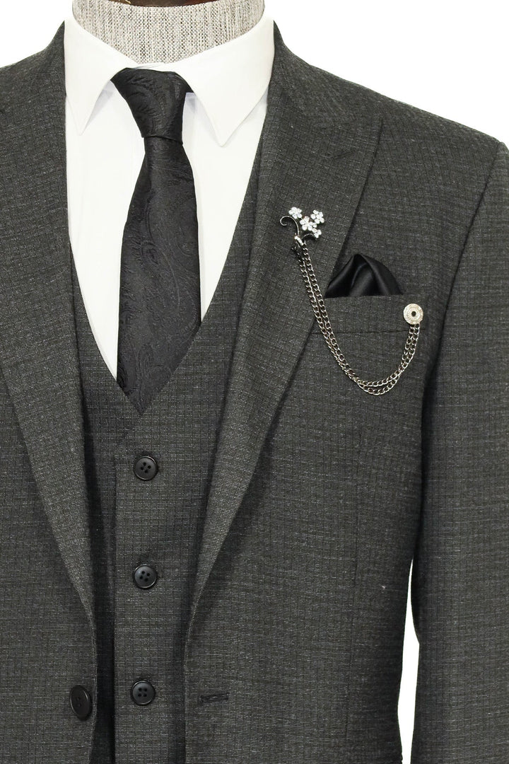 Traje de tres piezas con solapa de pico y un botón para hombre, color gris oscuro - Wessi