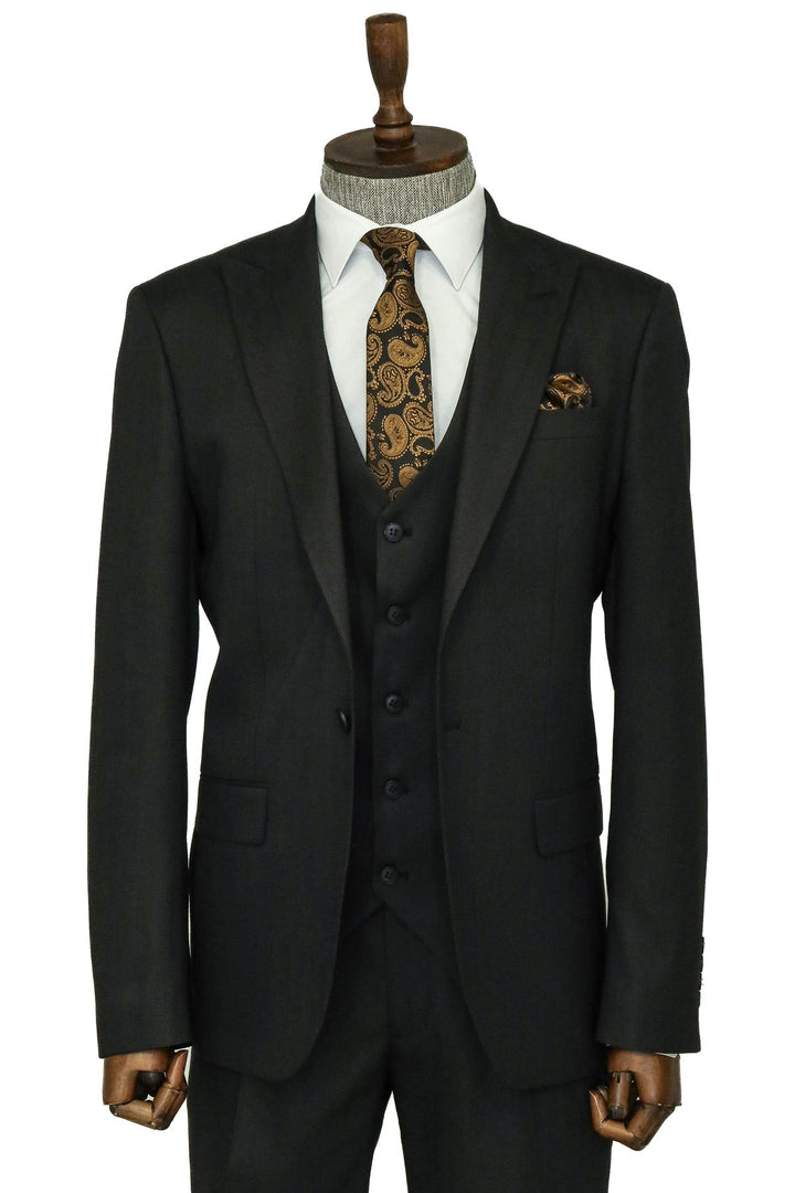 3 -Piece Single Button Peak Lapel Anthracite Men Suit - Wessi