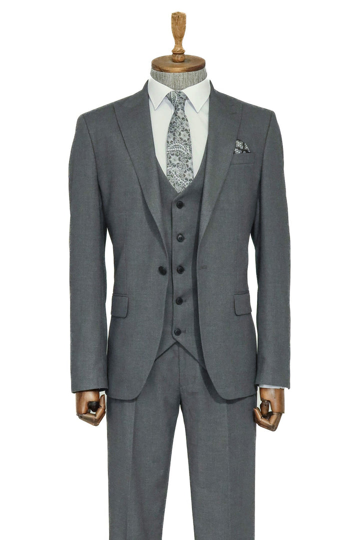 3 -Piece Single Button Peak Lapel Grey Men Suit - Wessi