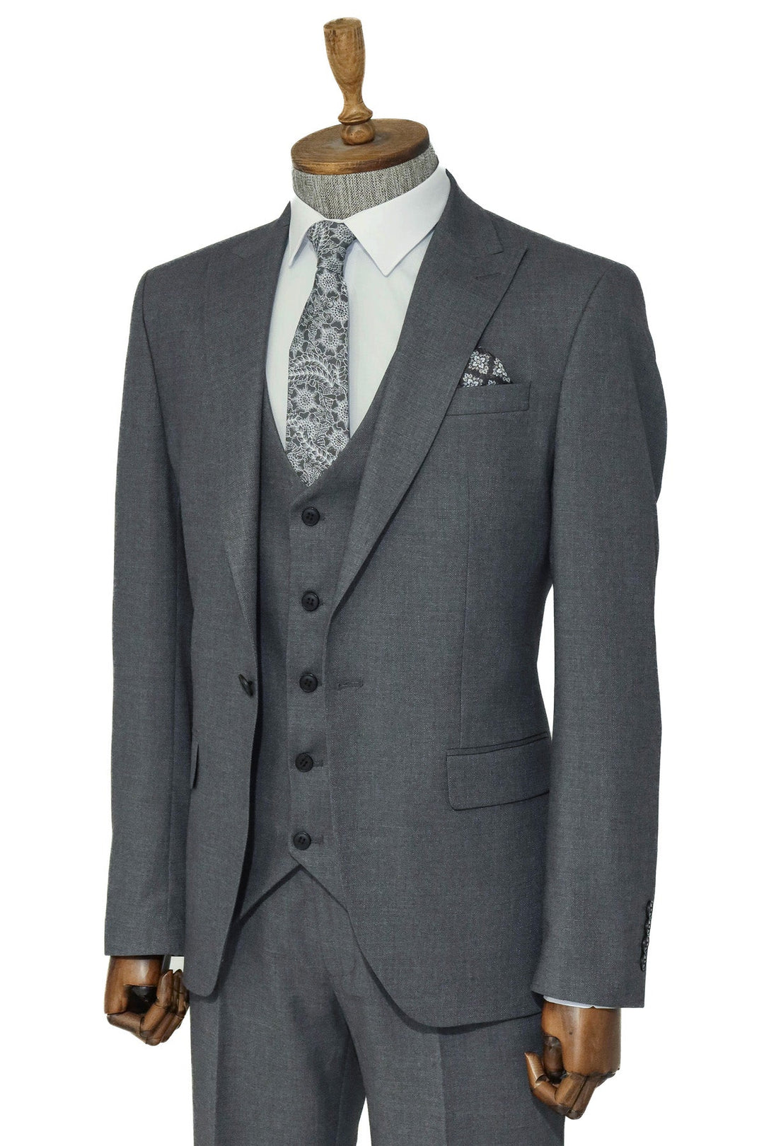 3 -Piece Single Button Peak Lapel Grey Men Suit - Wessi