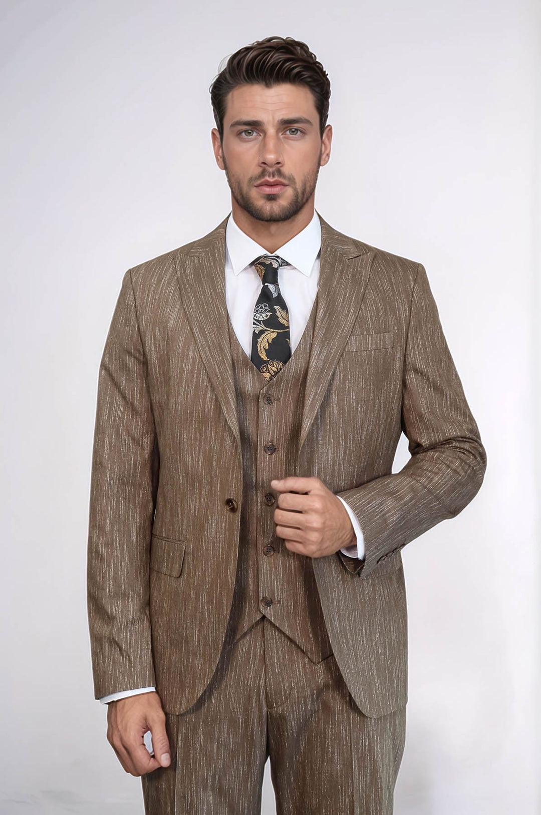 3 -Piece Single Button Peak Lapel Tan Men Suit - Wessi