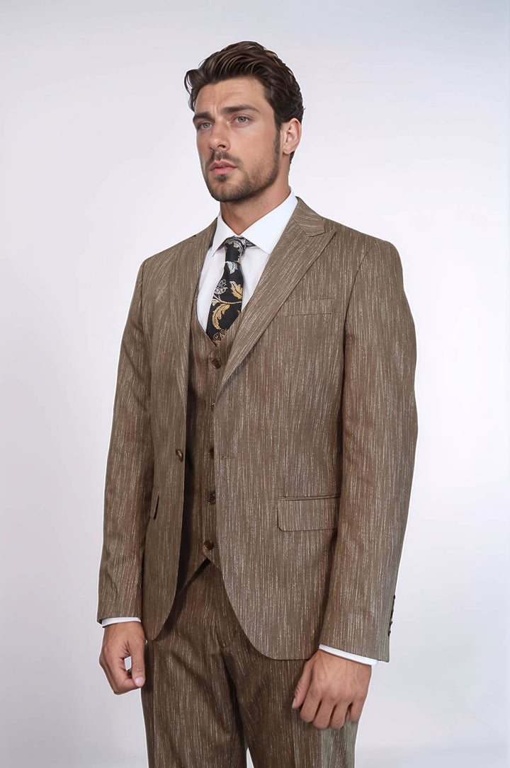 3 -Piece Single Button Peak Lapel Tan Men Suit - Wessi