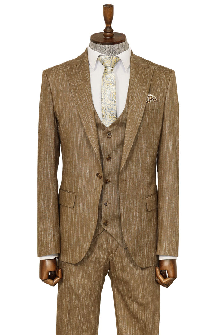 3 -Piece Single Button Peak Lapel Tan Men Suit - Wessi