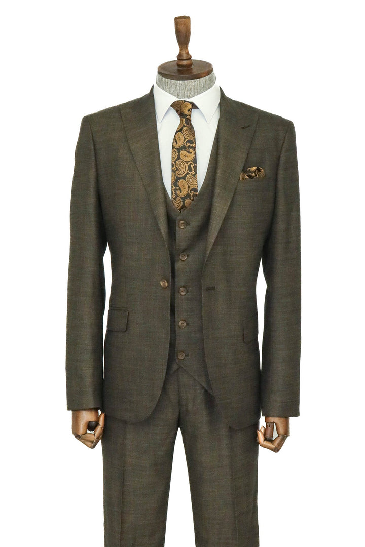 3 -Piece Single Button Peak Lapel Khaki Men Suit - Wessi