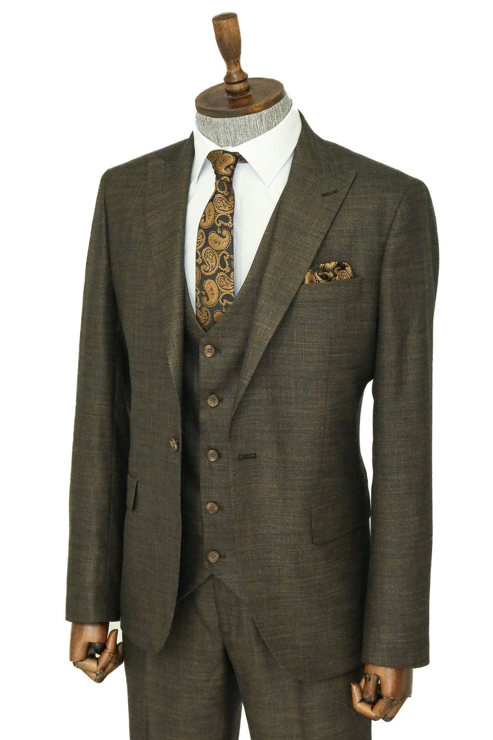 3 -Piece Single Button Peak Lapel Khaki Men Suit - Wessi