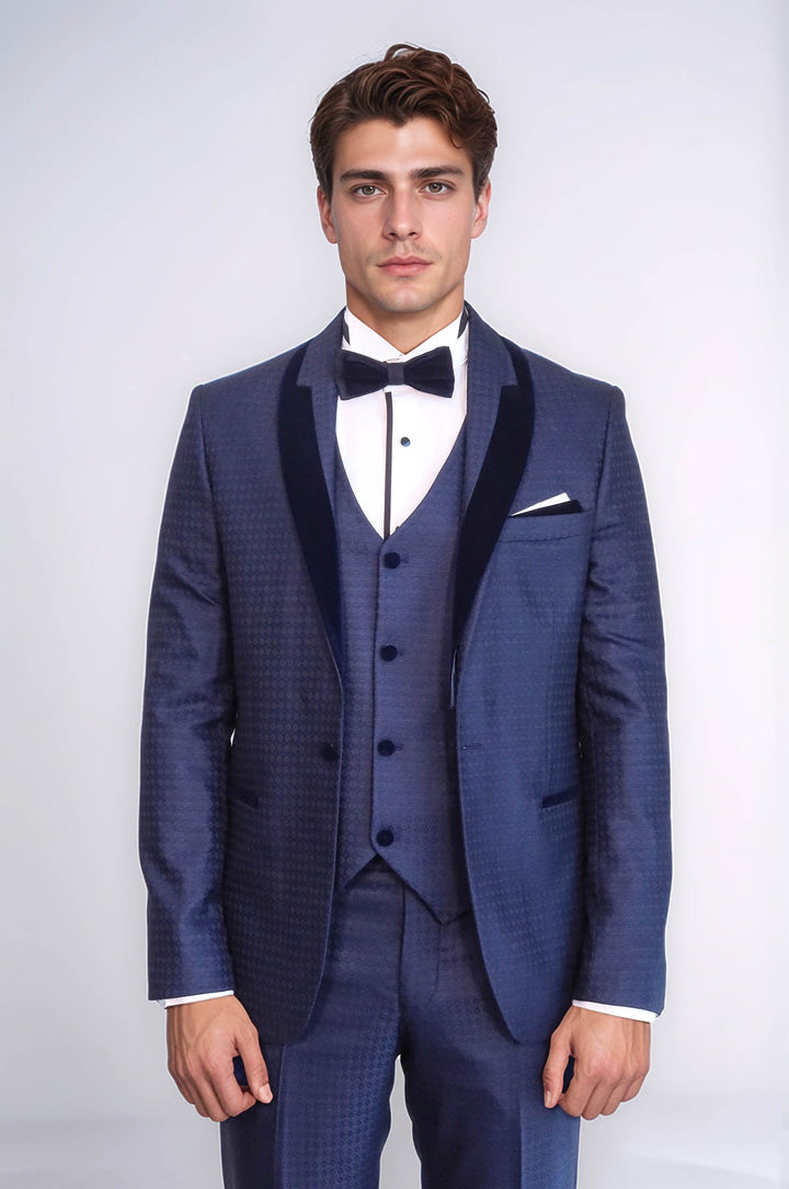 Patterned Velvet Lapel Navy Blue Men Tuxedo - Wessi