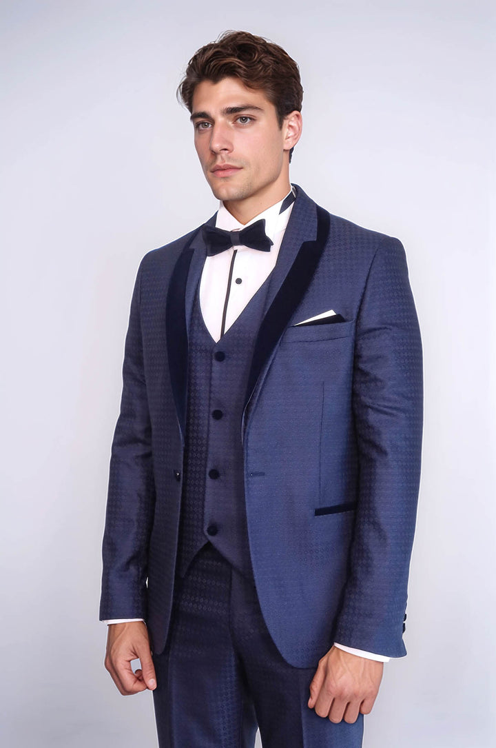 Patterned Velvet Lapel Navy Blue Men Tuxedo - Wessi
