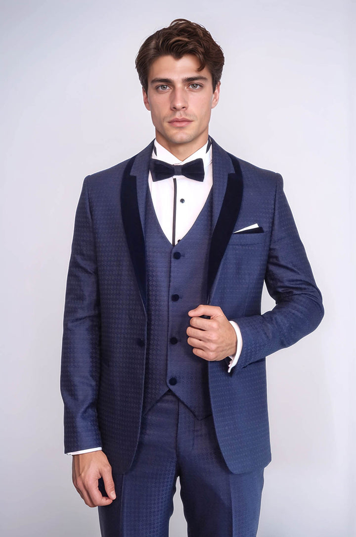 Patterned Velvet Lapel Navy Blue Men Tuxedo - Wessi