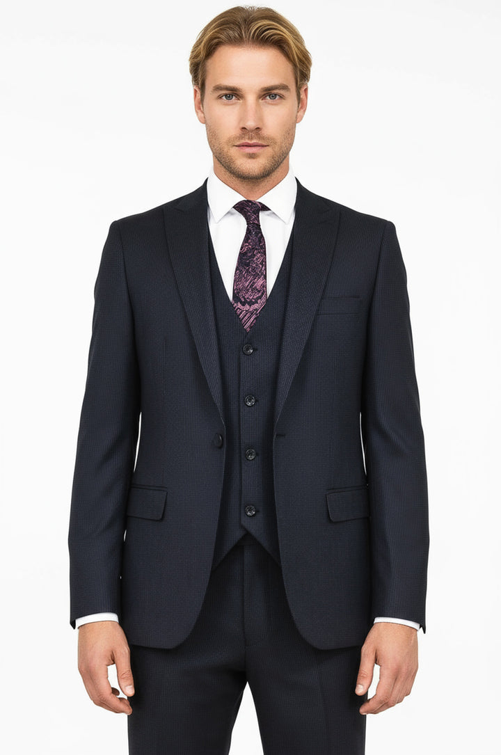 Slim Fit Patterned Navy Blue Men Suit - Wessi