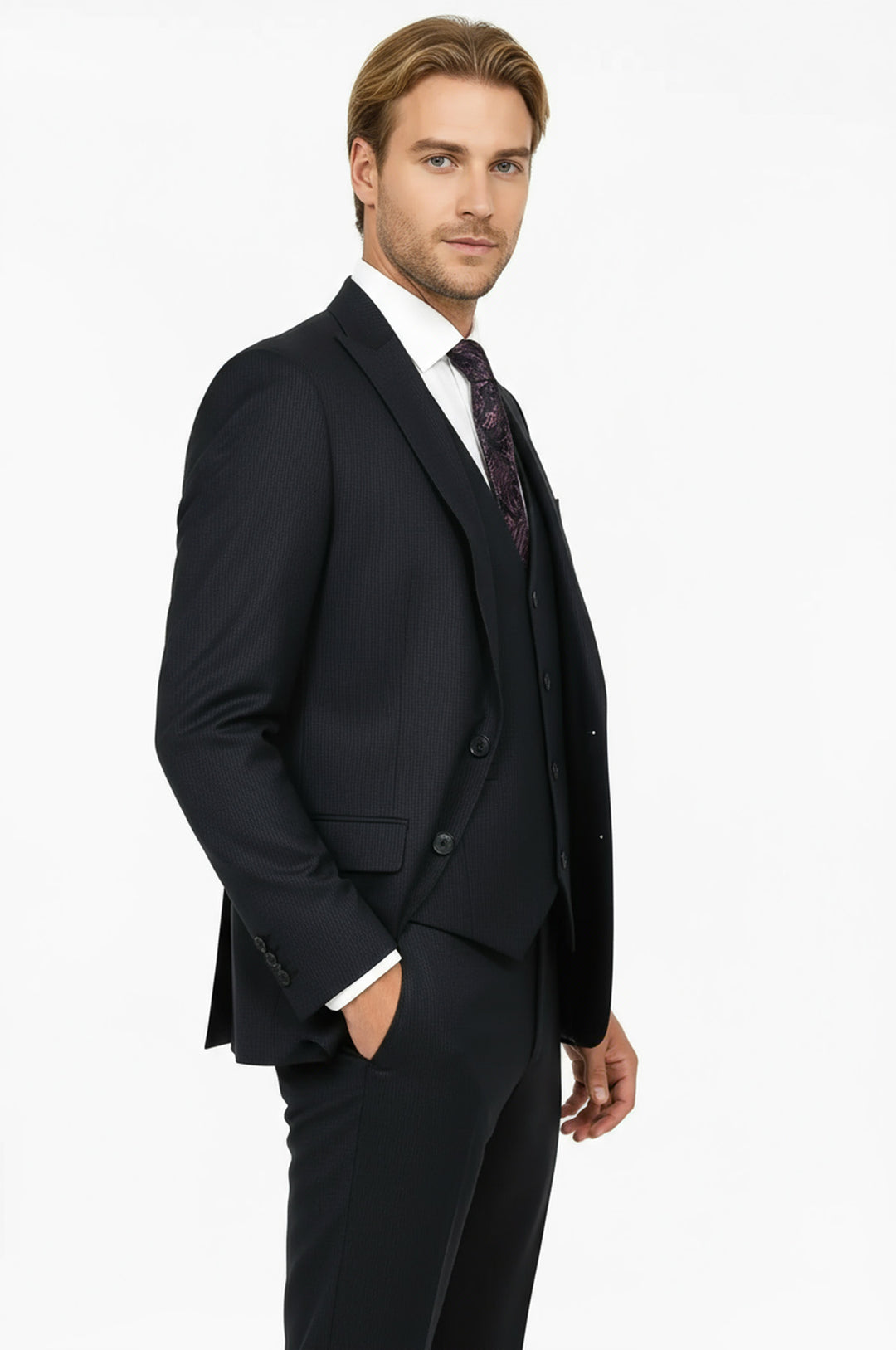 Slim Fit Patterned Navy Blue Men Suit - Wessi