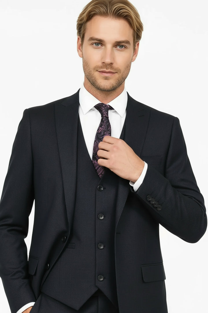 Slim Fit Patterned Navy Blue Men Suit - Wessi